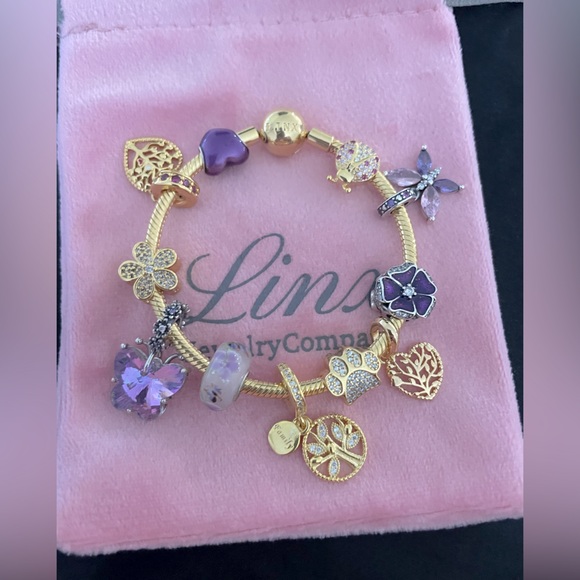 Linx Yellow Gold Snake Chain Bracelet with Purple Themed Charms